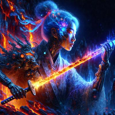 The primary subject of the image is a woman with a sword, who appears to be a character from a video game. She is wearing a white and blue outfit and has a sword in her hand. The setting is a dark, futuristic environment with a backdrop of a volcano. The visual style is digital art, and the colors and mood are predominantly dark and mysterious.